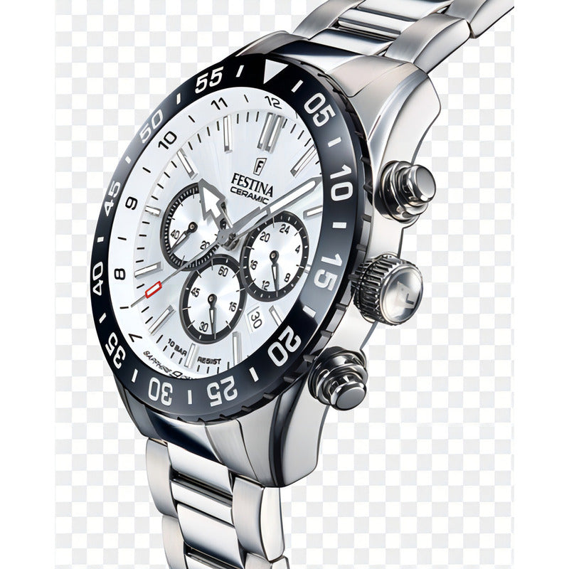 Reloj Festina F20575.1 Hombre Ceramic Chrono Acero 100 Mts Color De La Malla Plateado Color Del Bisel Negro Color Del Fondo Plateado