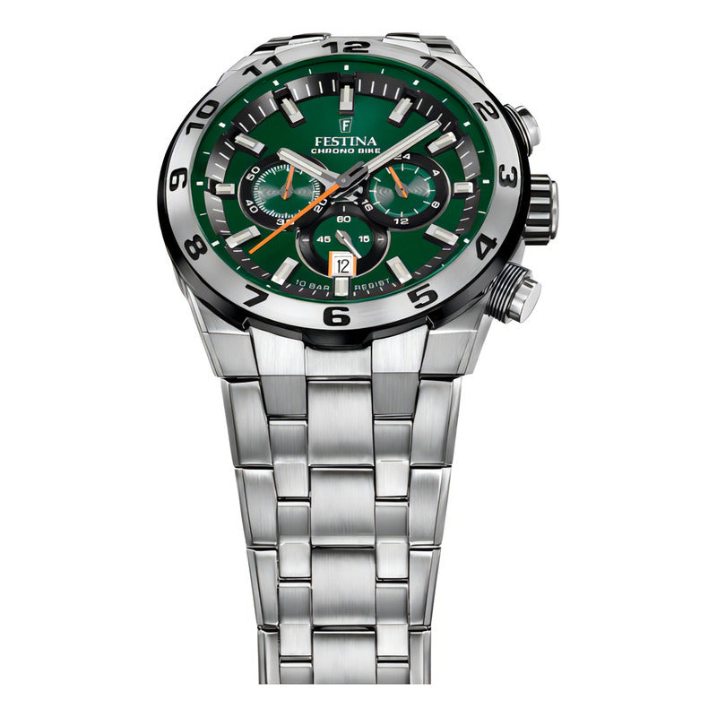 Reloj Festina Hombre Chrono Bike 2024 Verde Fecha F20670.2 Malla Plateado Bisel Plateado