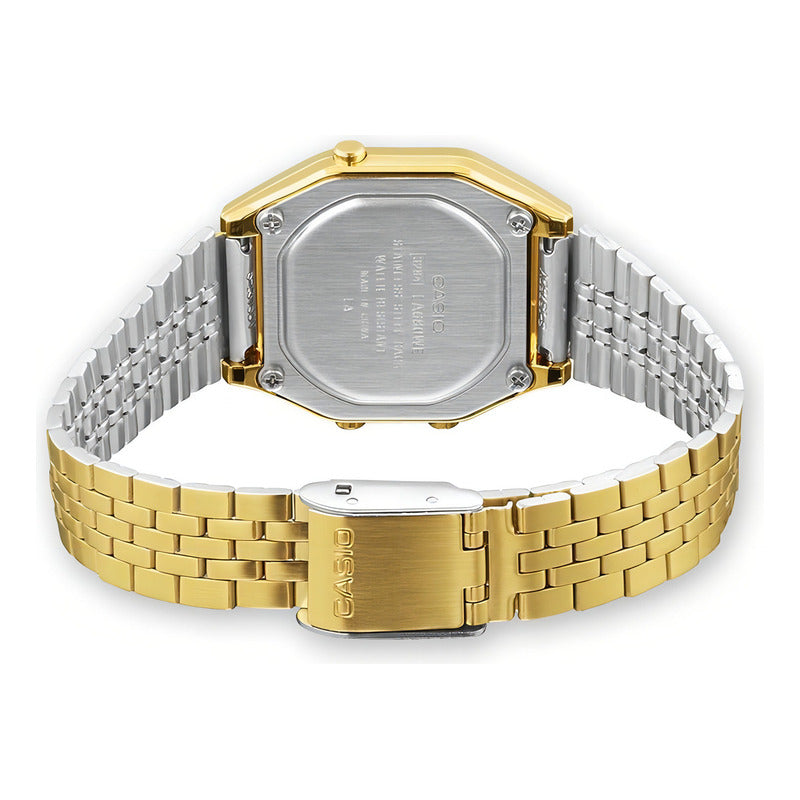 Reloj Pulsera Digital Casio La680 Con Correa De Acero Inoxidable Color Dorado - Fondo Negro