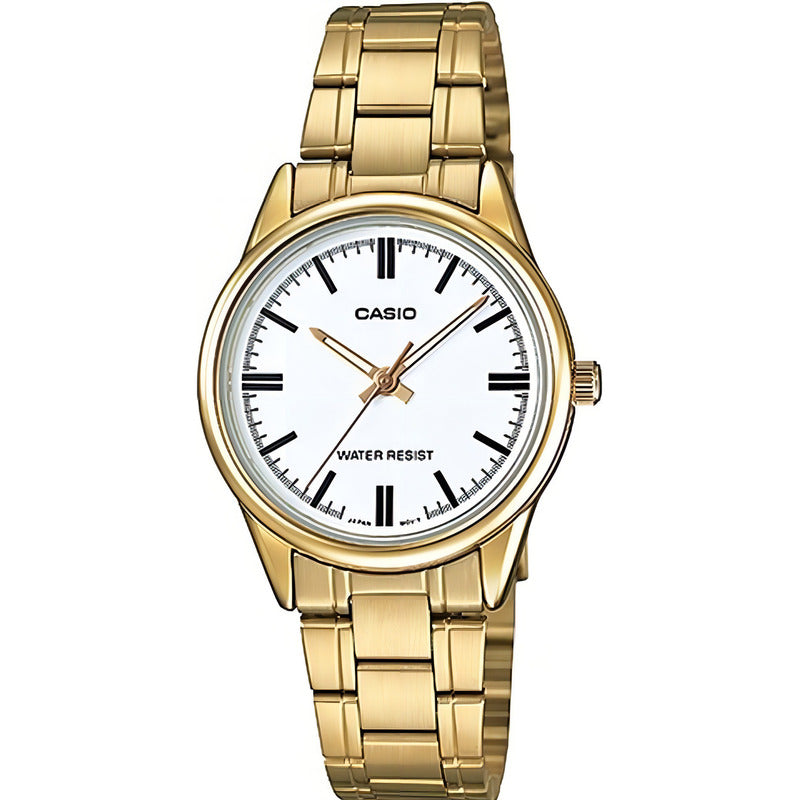 Reloj Casio Ltp_v005g_7a Cuarzo Mujer Color De La Correa Dorado Color Del Fondo Blanco Ltp-v005g-7a