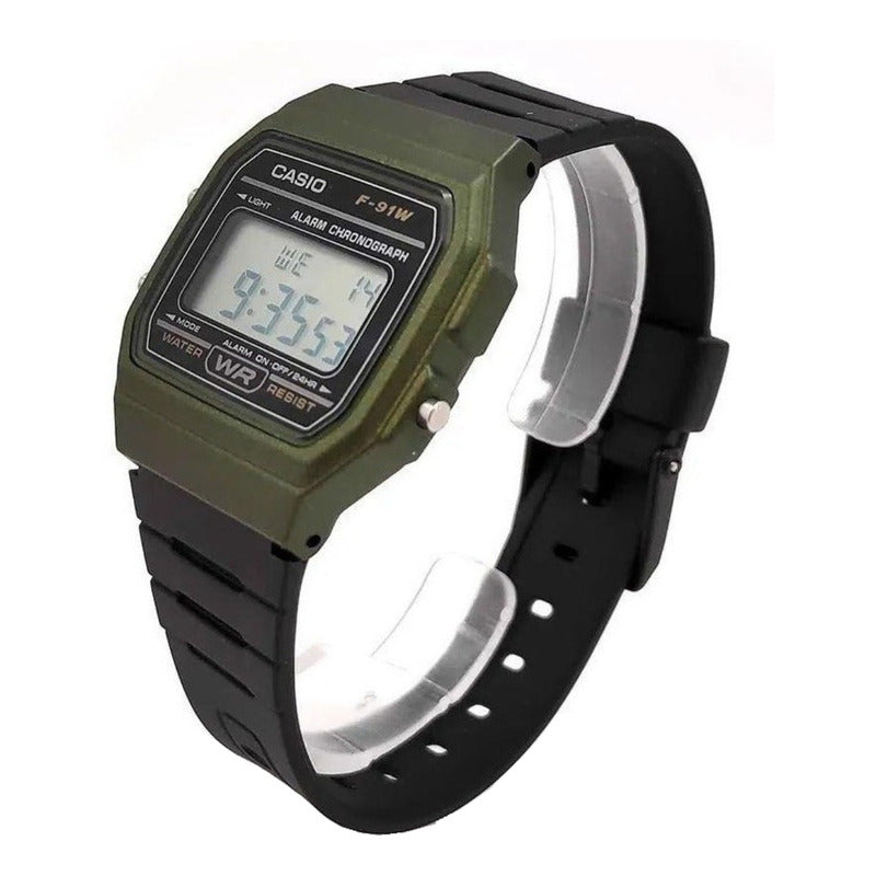Reloj De Pulsera Casio Collection F-91wm-3a Relojesymas Negro Verde Gris