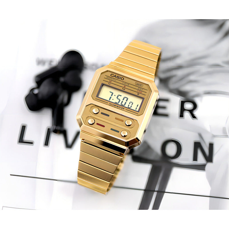 Reloj Casio Vintage A-100weg-9a Digital, Dorado Y Con Correa De Acero Inoxidable