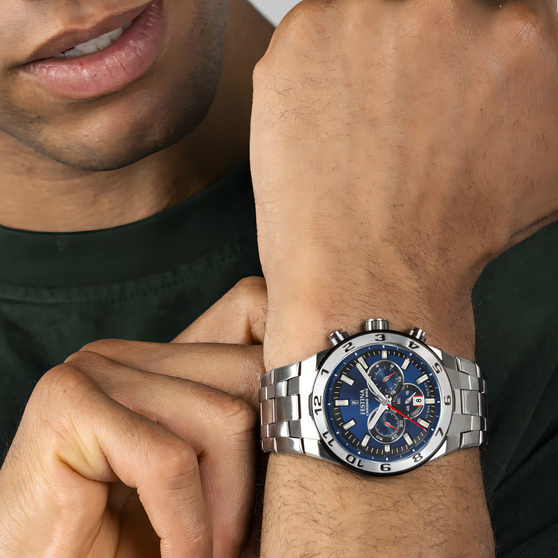 Reloj Festina Hombre Chrono Bike 2024 Acero Azul F20670/1 Malla Plateado Bisel Plateado