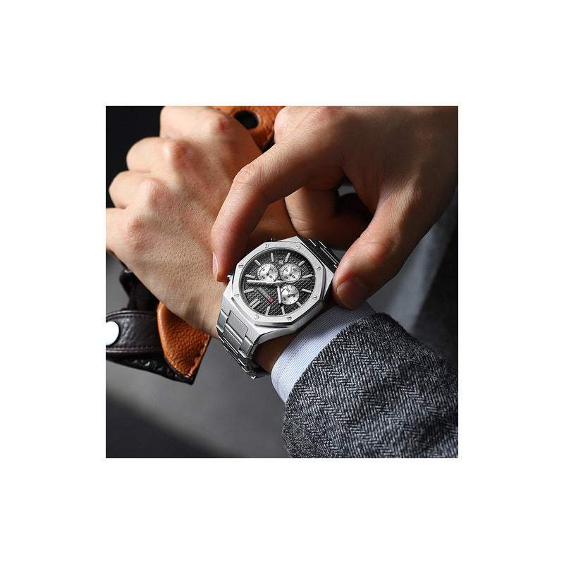 Reloj Curren 8440-1 Cronografos Fecha Original Plateado Fondo Negro Silver Gold Green