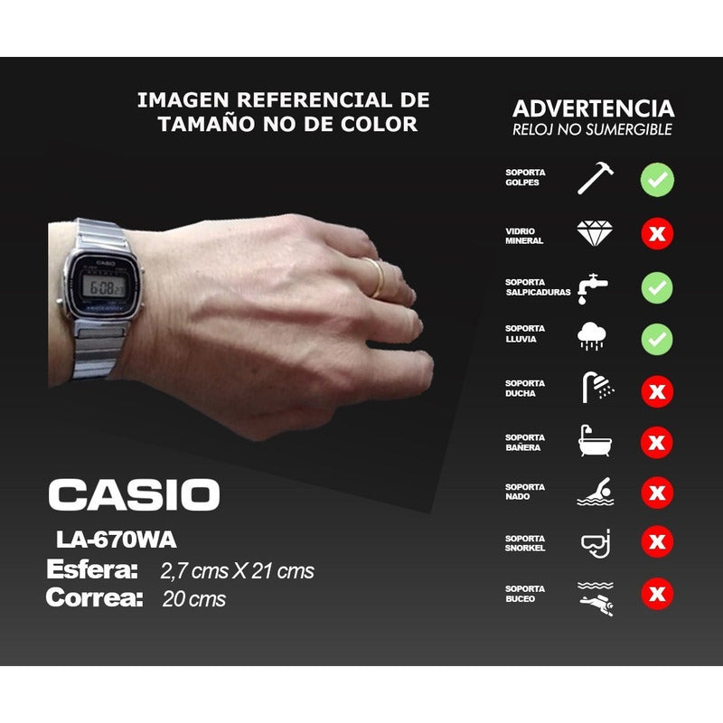 Reloj Pulsera Digital Casio La-670wa-2d Con Correa De Acero Inoxidable Color Plateado
