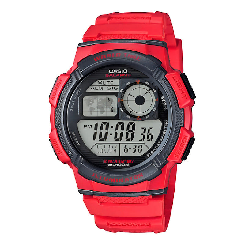 Reloj Casio Ae-1000w 100m W Pila 10 Años Crono Alarma Timer Malla Rojo Bisel Rojo Fondo 4a