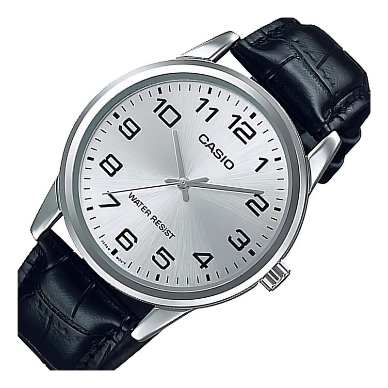 Reloj Pulsera Casio Mtp-v001l-7bu Con Correa De Cuero Color Negro - Fondo Plateado