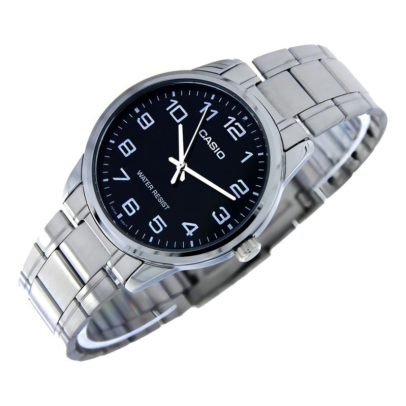 Reloj Pulsera Casio Mtp-v001d-1budf Con Correa De Acero Inoxidable Color Plateado - Fondo Negro