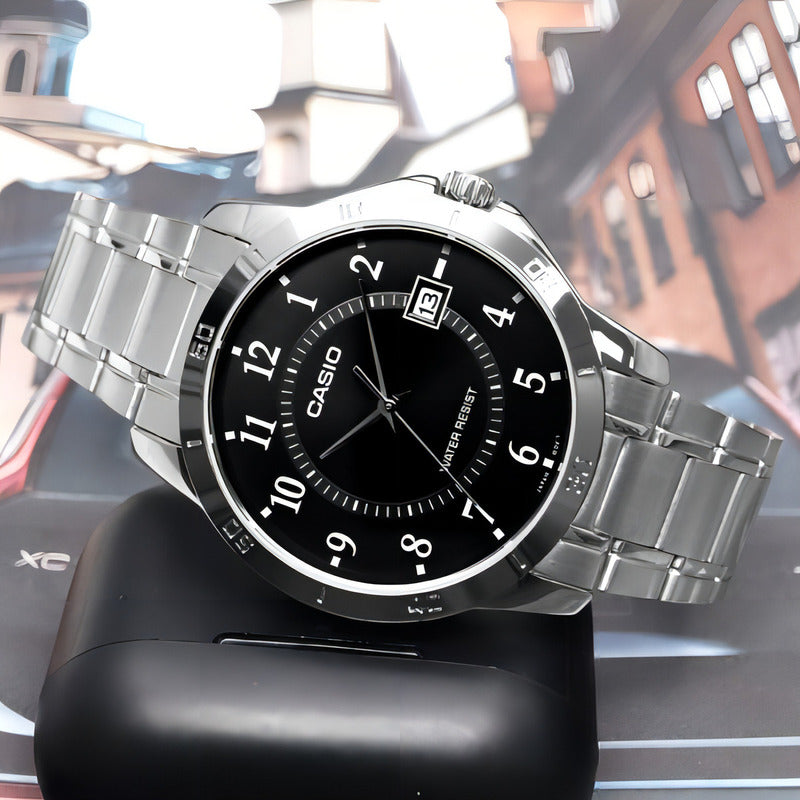 Reloj Pulsera Casio Mtp-v004gl-9 Con Correa De Acero Inoxidable Color Plata - Fondo Negro