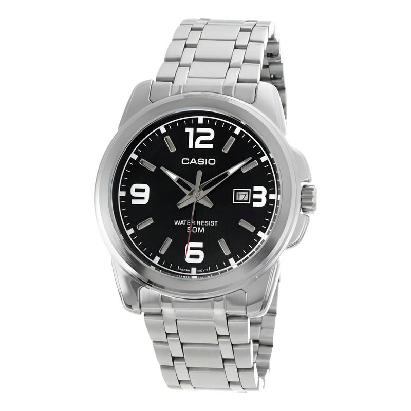 Reloj Pulsera Casio Mtp-1314d-1a Con Correa De Acero Inoxidable Color Plateado - Fondo Negro