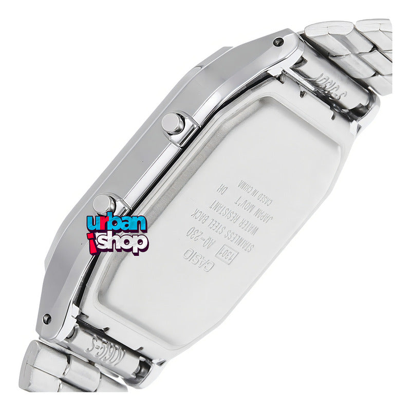 Reloj Pulsera Casio Aq-230 Con Correa De Acero Inoxidable Color Plateado - Fondo Blanco/gris - Bisel Gris