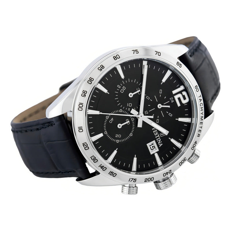 Reloj Pulsera Festina F16760/4 Con Correa De Cuero Color Negro - Bisel Plateado