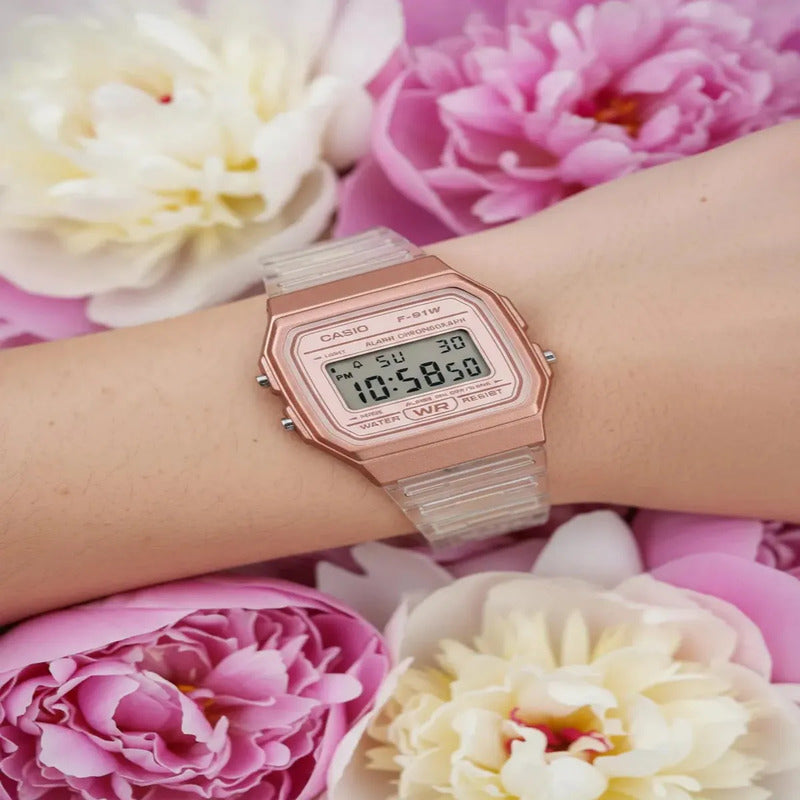 Reloj Casio F-91ws-7a3df Cuarzo Mujer Oro Rosa Transparente