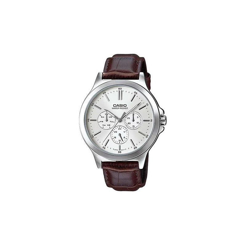 Reloj Casio Hombre Mtp-v300l-7a Cuero Original Color De La Correa Marrón Color Del Fondo Plateado