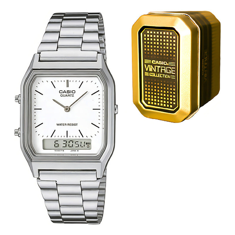 Reloj Pulsera Casio Aq-230 Con Correa De Acero Inoxidable Color Plateado - Fondo Blanco/gris - Bisel Gris