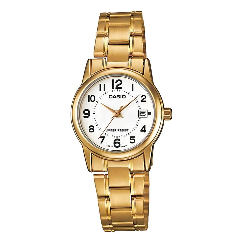 Reloj Casio Ltpv002 7b Mujer Ext Acero Dorado Fechador Full Blanco Blanco Ltp-v002g-7b
