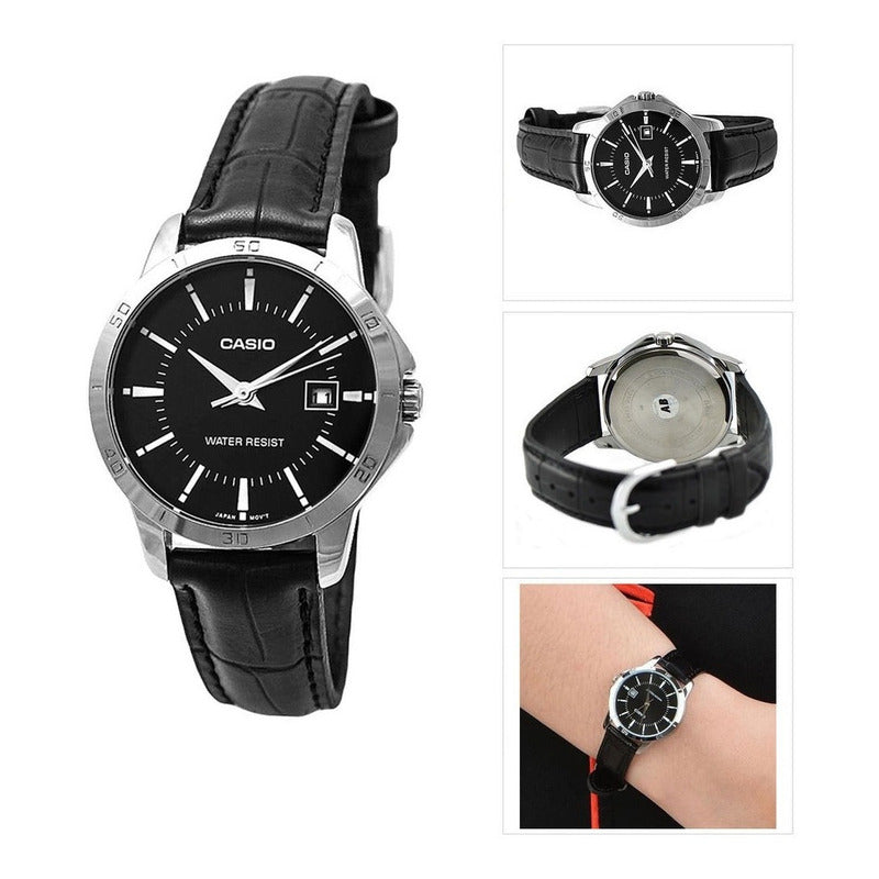 Reloj Pulsera Casio Mtp-v004l-1a Con Correa De Cuero Color Negro - Bisel Plata