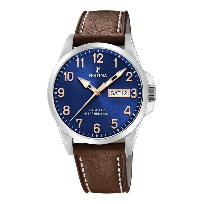 Reloj Pulsera Festina F20358-3 Con Correa De Cuero Color Marrón - Fondo Azul - Bisel Plata