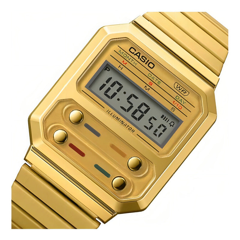 Reloj Casio Vintage A-100weg-9a Digital, Dorado Y Con Correa De Acero Inoxidable