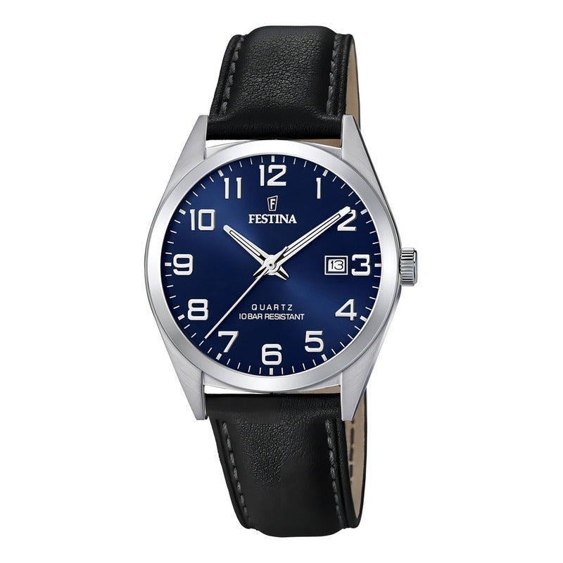 Reloj Pulsera Festina F20446 Con Correa De Cuero Color Negro - Fondo Azul - Bisel Plateado