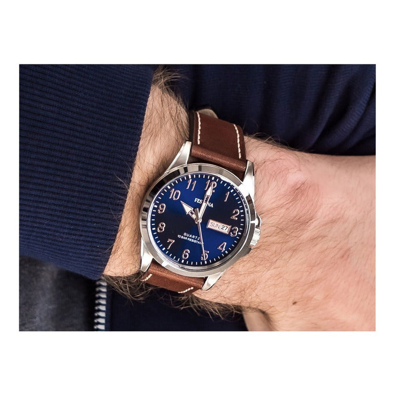 Reloj Pulsera Festina F20358-3 Con Correa De Cuero Color Marrón - Fondo Azul - Bisel Plata