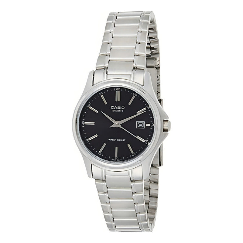 Reloj Casio Para Mujer Línea Enticer Series De Cuarzo Con Fondo Negro Y Correa De Acero Inoxidable Plateado