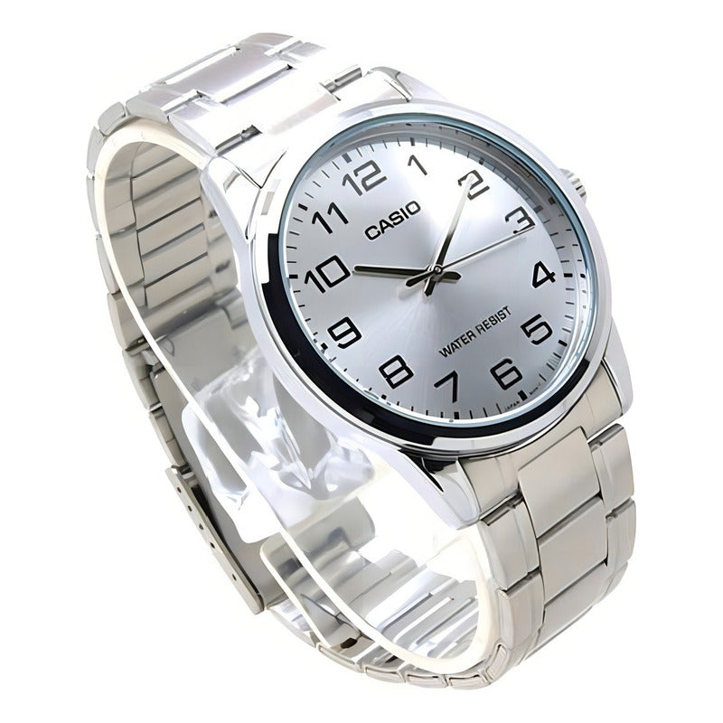 Reloj Pulsera Casio Mtp-v001d-1budf Con Correa De Acero Inoxidable Color Plateado - Fondo Negro