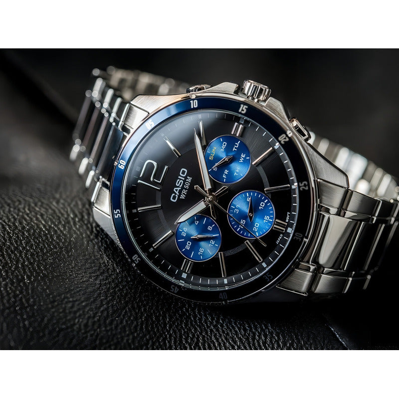 Reloj Casio Hombre Mtp-1374d Colores Surtidos/relojesymas Correa Plateada Bisel Negro Fondo Azul 2a