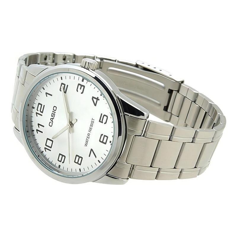Reloj Pulsera Casio Mtp-v001d-1budf Con Correa De Acero Inoxidable Color Plateado - Fondo Negro