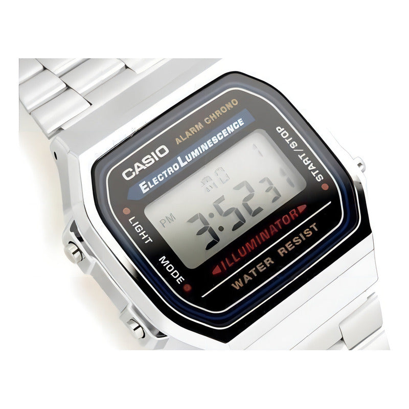 Reloj Pulsera Digital Casio A168wa-1 Con Correa De Acero Inoxidable Color Plateado - Fondo Gris/negro/azul