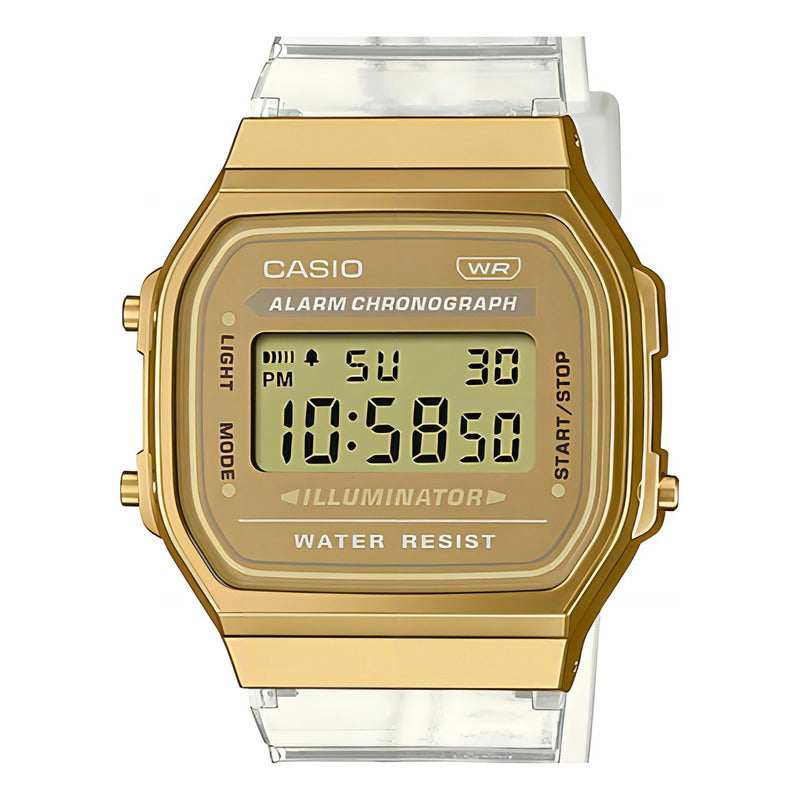 Reloj Casio Vintage Unisex Correa Transparente Bisel Dorado Digital