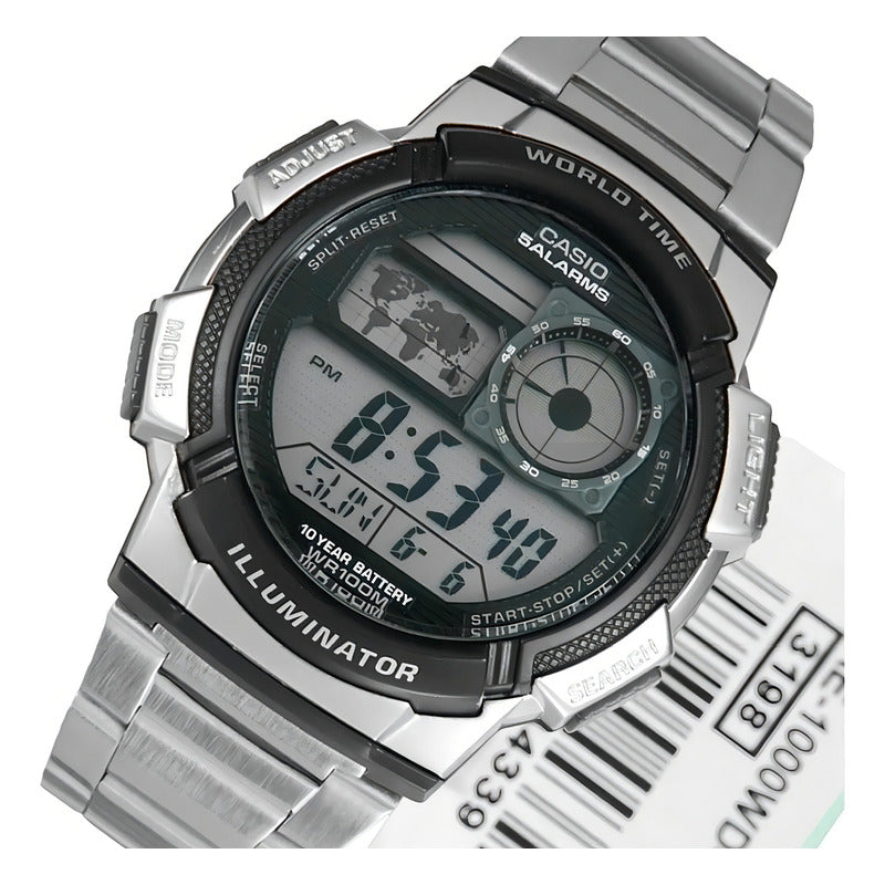 Reloj Pulsera Digital Casio Ae-1000wd-1avdf Con Correa De Acero Inoxidable Color Plateado - Fondo Negro