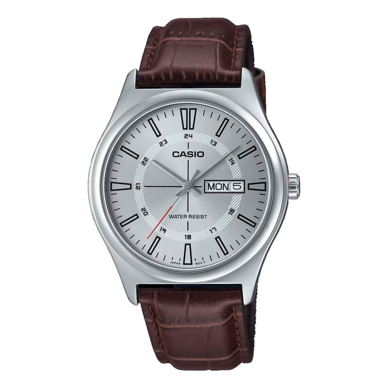 Reloj Casio Cuero Análogo Mtp-v006l-7c Hombre Original Marrón Oscuro Plateado