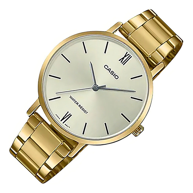 Reloj Casio Clásico Análogo Para Mujer De Acero Inoxidable Dorado Con Fondo Blanco