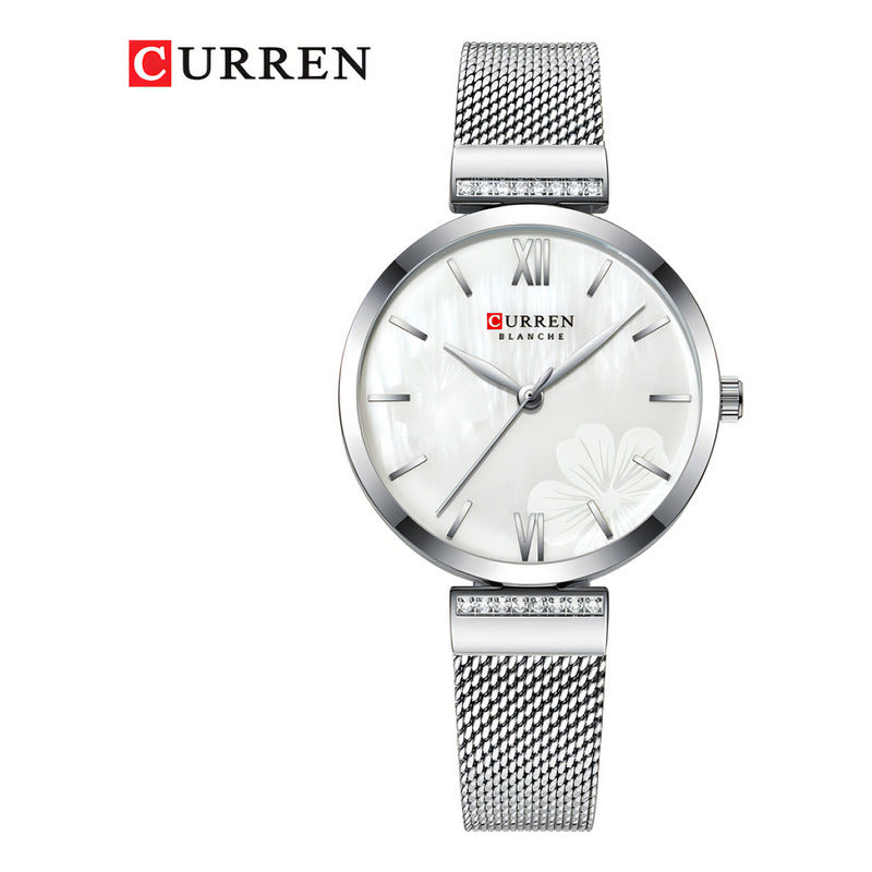 Reloj Curren De Cuarzo Inoxidable De Malla Elegante Para Muj Color De La Correa Plateado Blanco