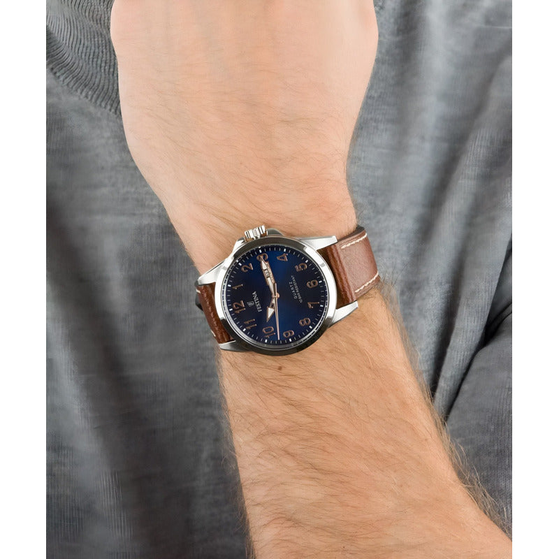Reloj Pulsera Festina F20358-3 Con Correa De Cuero Color Marrón - Fondo Azul - Bisel Plata