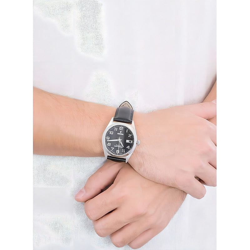 Reloj Pulsera Festina F20446 Con Correa De Cuero Color Negro - Bisel Plateado