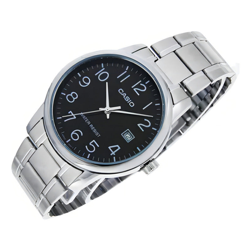 Reloj Pulsera Casio Mtp-v002d-1bu Con Correa De Acero Inoxidable Color Plateado - Fondo Negro