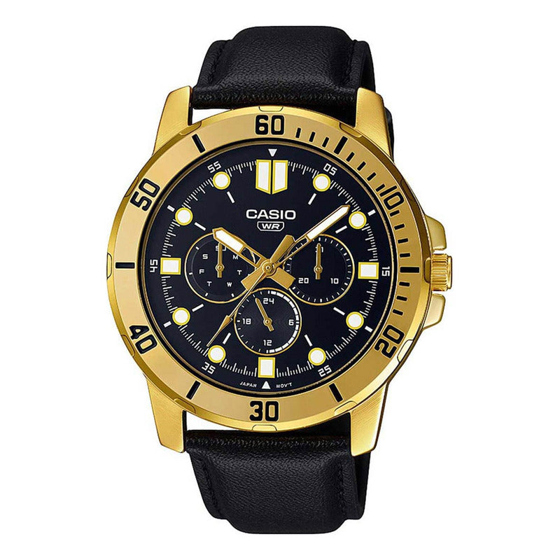 Reloj Hombre Casio Calendario Mtp-vd300gl-1e Cuero Original Negro Dorado Negro