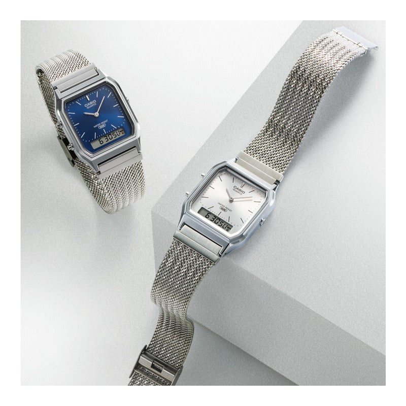 Reloj Casio Vintage Analógico Digital Plateado Acero Con Calendario