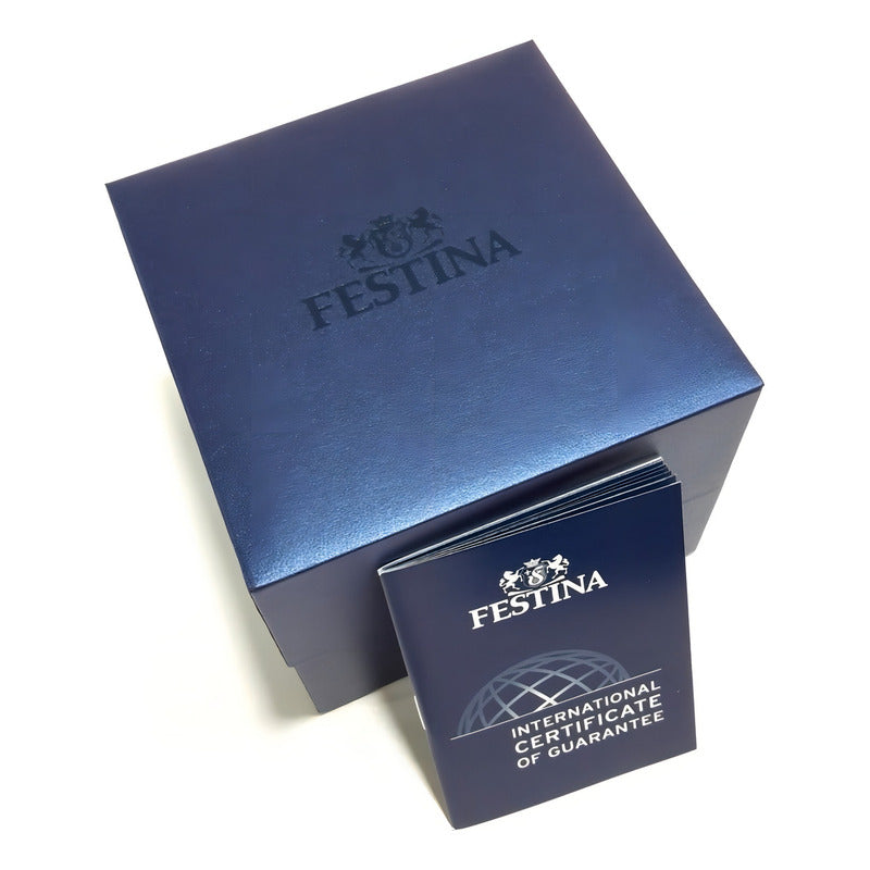 Reloj Pulsera Festina F20446 Con Correa De Cuero Color Negro - Fondo Azul - Bisel Plateado