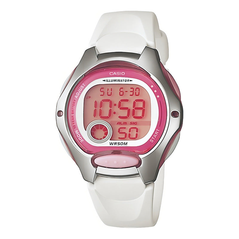 Reloj Pulsera Digital Casio Lw-200-7av Con Correa De Resina Color Blanco - Fondo Rosa - Bisel Rosa/plateado