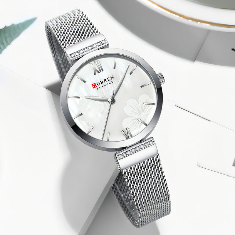 Reloj Curren De Cuarzo Inoxidable De Malla Elegante Para Muj Color De La Correa Plateado Blanco