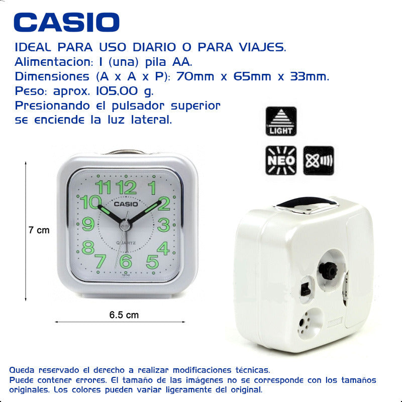 Reloj Casio Despertador Luz Tq-142-7df /relojeria Violeta Blanco