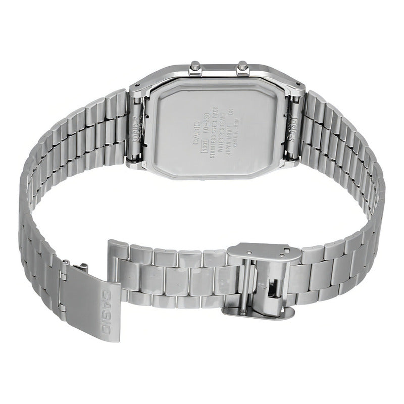 Reloj Pulsera Casio Aq-230 Con Correa De Acero Inoxidable Color Plateado - Fondo Blanco/gris - Bisel Gris