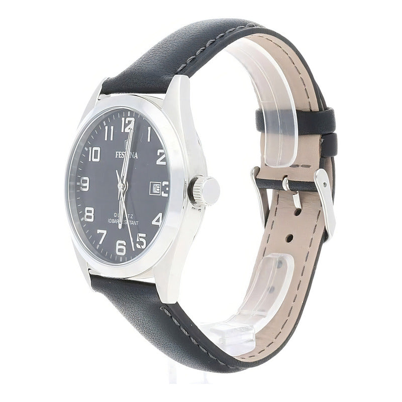 Reloj Pulsera Festina F20446 Con Correa De Cuero Color Negro - Bisel Plateado