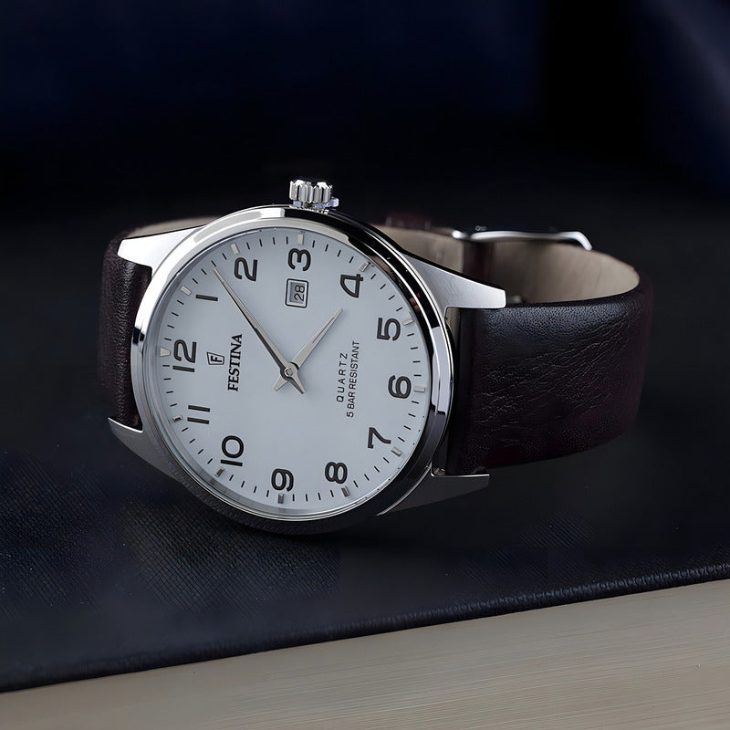 Reloj De Pulsera Festina Para Hombre, Analógico Con Correa De Cuero Plateado