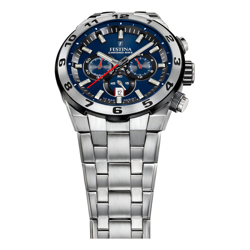 Reloj Festina Hombre Chrono Bike 2024 Acero Azul F20670/1 Malla Plateado Bisel Plateado