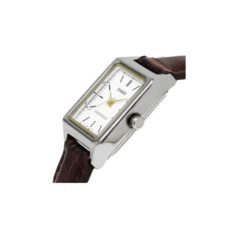 Reloj Casio Dama Modelo Ltp-v007 Piel Café Carátula Blanca Plateado Blanco