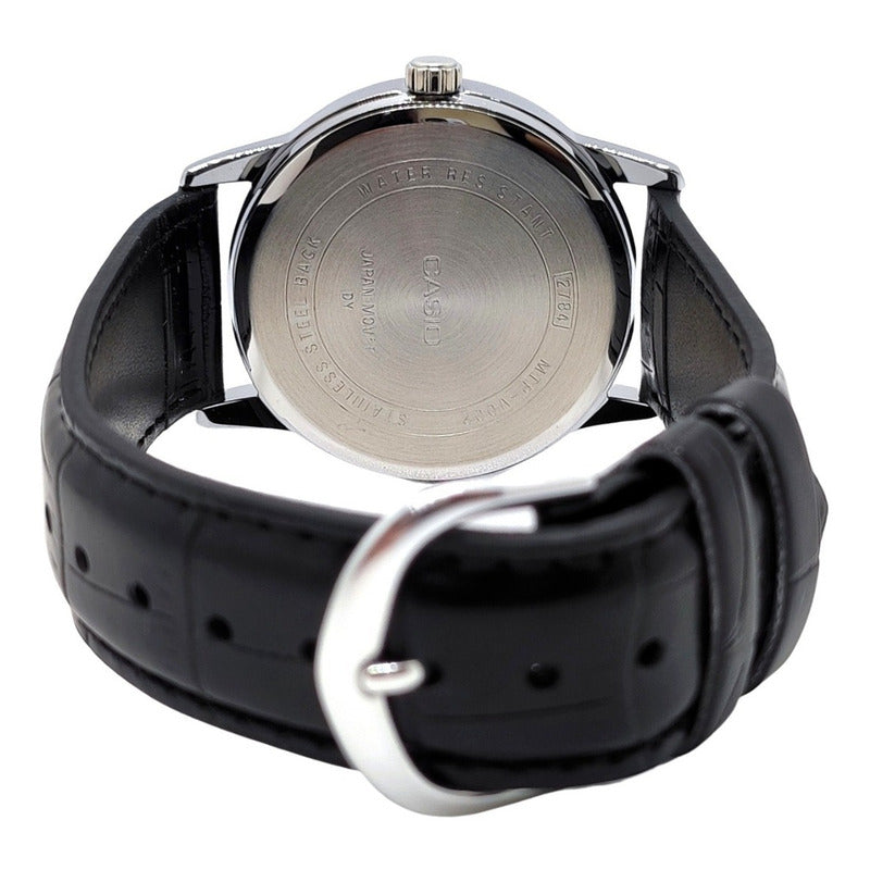 Reloj Pulsera Casio Mtp-v002l-1bu Con Correa De Cuero Color Negro - Bisel Plateado